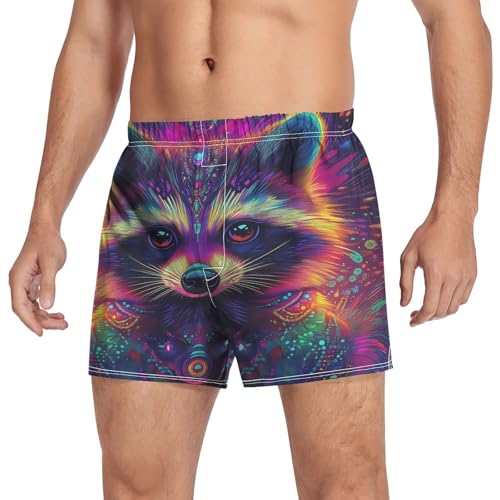 Psychedelic Raccoon Men's Cotton Boxer Shorts Pajama Bottoms with Button Fly Underwear Sleep Shorts3