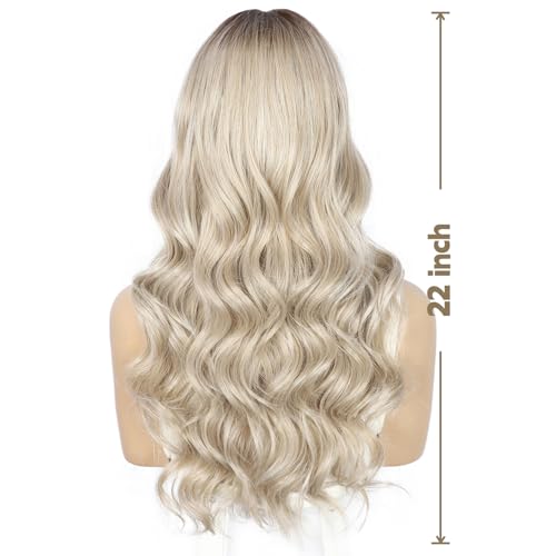 Sapphirewigs Lace Front Wig 13x4 Blonde Highlight Synthetic Wigs Light Blonde Body Wave Ombre White Lace Front Hair Pre-plucked Daily Wear Party Date Christmas 22 inch - Image 3