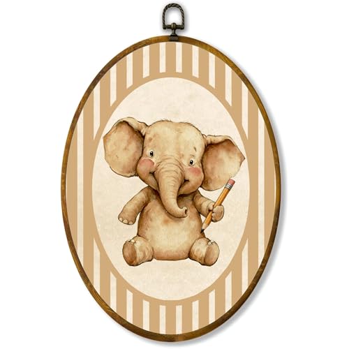 Elephant Pencil Wall Art, Rustic School Nursery Oval Canvas, 8.5x11.5 Inch