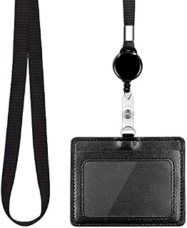 HONZUEN Name Badge Holders, Retractable Lanyard with PU Leather Double-Sided Horizontal Card Holder, Long Lanyard Neck Strap with Retractable Badge Reel with Cardholder for Office Exhibition, 1 Pack
