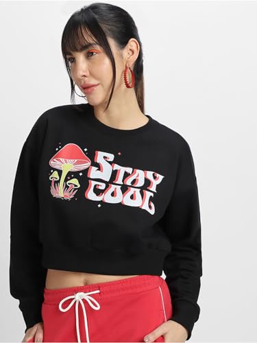 Image of JUNEBERRY Cotton Poly Fleece Regular Fit Beige & Black Graphic Print Full Sleeve Sweatshirt for Women