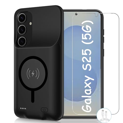 Battery Case for Galaxy S25, 10000mAh High Capacity Portable Protective Battery Case Wireless Charging Compatible with Galaxy S25 (6.2 inch) Extended Battery Charger Cover with Carplay (Black)