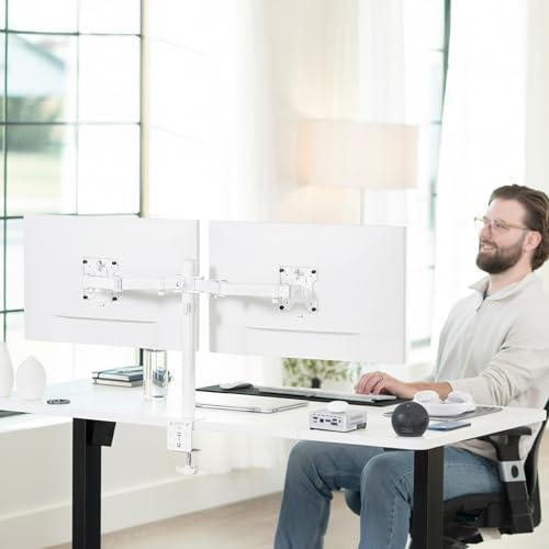 Image of VIVO Dual Monitor Desk Mount for 13 to 30 inch Screens, STAND-V002W | White, Articulating, Adjustable Monitor Arm, Grommet or C-Clamp Mounting, Computer Stand for 2 Monitors, Holds 22 lbs Each