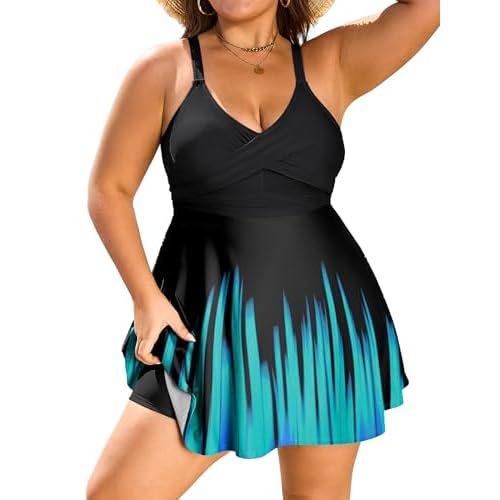 HUSKARY Plus Size Swimsuits for Women Swim Dress Tummy Control Two Piece Bathing Suit Flowy Tankini with Boyshorts Flower04 16 Plus