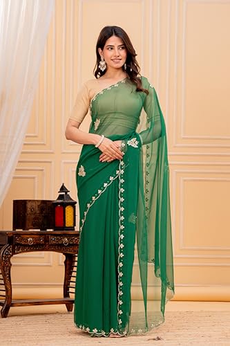 Image of Women's Embroidered Saree with Beige Blouse | Elegant Embroidery Work Saree for Women | Wear in Festive Saree and Ethnic Outfit | Green