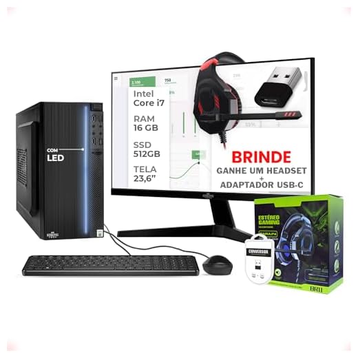 Computador Completo Intel Core i7 16GB SSD 512GB + Headset + Adaptador USB-C Monitor 23,6" 4 Núcleos Super Turbo Pc Hdmi Teclado e Mouse Strong Tech