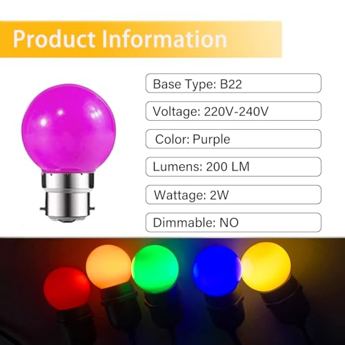 ZFQ 10 Pack B22 Bayonet Colored LED Light Bulbs 2W G45 Golf Ball Mini Globe Bulb Lighting Bulbs,Purple for Outdoor Indoor String Patio Garden Party Christmas - Image 2