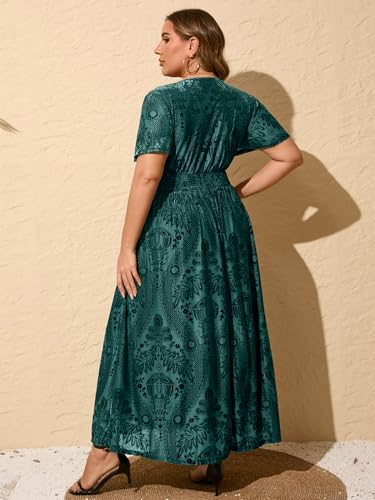 Image of Simplee Women's V Neck Velvet Maxi Dress Short Sleeve Empire Waist Long Formal Dress for Wedding Guest