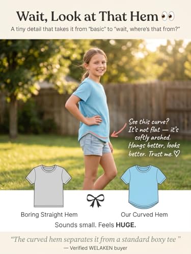 Image of WELAKEN Girls Soft T-Shirt with Curved Hem, Breathable Stretchy Rayon Crewneck Short Sleeve Tees, Kids Everyday Basic Top