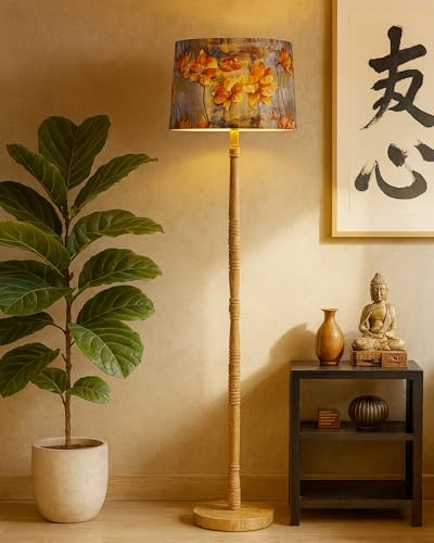 Image of Homesake Mid Century Modern Floor Lamp for Living Room | Hand Turned | Corner Lamp for Living Room, Stand Lamp with Fabric Lampshade for Bedroom, Study Room and Office, (Floreo Meadow)
