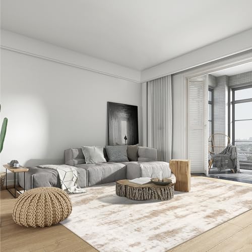 6x9 Area Rugs Washable Rug: Large Modern Abstract Living Room Rug Soft Anti-Skid Thin Carpet Indoor Floor Non-Shedding Carpets for Bedroom Dining Room Farmhouse Nursery Home Office - Brown Ivory
