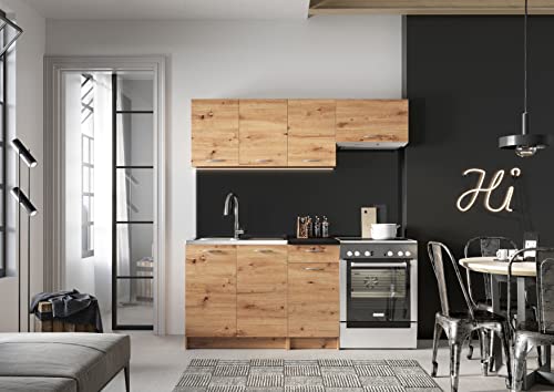 Cuisine complète Mila 5 éléments couleur chêne artisan avec plan de travail inclus - Longueur 120/180 cm -PEGANE-