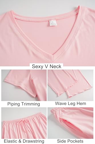 Image of Vozanet Women's Plus Size Pajama Sets Short Sleeve Long Pants Solid Color with Piping Trim Elegant Loungewear Cozy Sleepwear