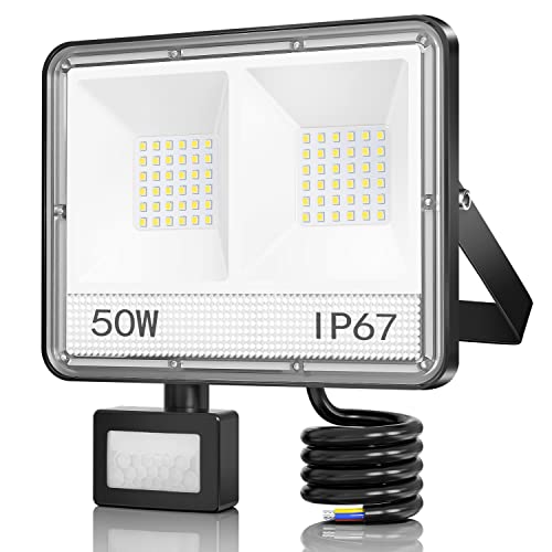 YIQIBRO 50W Projecteur LED Exterieur Detecteur de Mouvement, 2 en 1 IP67 Étanche Spot LED Avec Détecteur, 5000LM 7000K Blanc Froid Eclairage Exterieur, Lampe Exterieur pour Jardin Terrasse