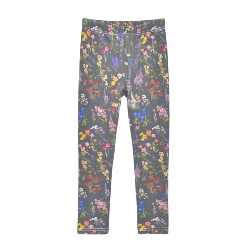 Colorful Wildflowers Pattern Kids Girl's Athletic Leggings Stretchy High Waisted Dance Pants Sports