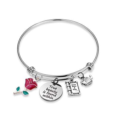 BOSATE Beauty and The Beast Fan Gift True Beauty is Found Within Disney Inspired Beauty and The Beast Jewelry Princess Belle Rose Charm Gift for Her (True Beauty Is-BR)