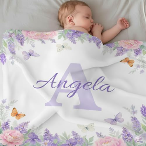 Image of Personalized Baby Blanket with Name, Custom Name Blanket for Kids Soft Flanne Blankets in Easter Personalized Baby Gifts for Infant Newborn Shower (Rose Pink)