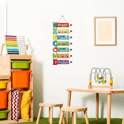 Image of HPNIUB Welcome Classroom Door Sign, Pencil Motivational Quote Decorations with Apple Ruler Cartoon, Colorful First Day of School Wooden Hanging Sign for Preschool Middle School Classroom Kindergarten