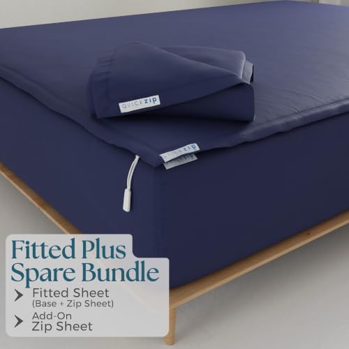 Image of QuickZip Fitted Plus Spare Bundle: 1 Fitted Sheet (Base + Zip Sheet) & 1 Zip Sheet - Easy to Change, Won't Pop Off - Soft Percale 400 TC 100% Cotton - 17.5 inch Deep Pockets King Size Sheets - Deep Navy