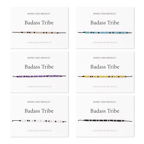 QIMGIC Morse Code Bracelet for Women - 6pcs Badass Tribe Adjustable Bracelets with Decorative Card for Friends Sister Couples Funny Inspirational Morse Code Handmade Jewelry Gift for Birthday Team