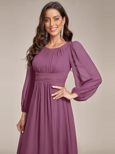 Image of Ever-Pretty Women's Crewneck Long Lantern Sleeves Floor Length A-Line Pleated Chiffon Formal Dress 0106B