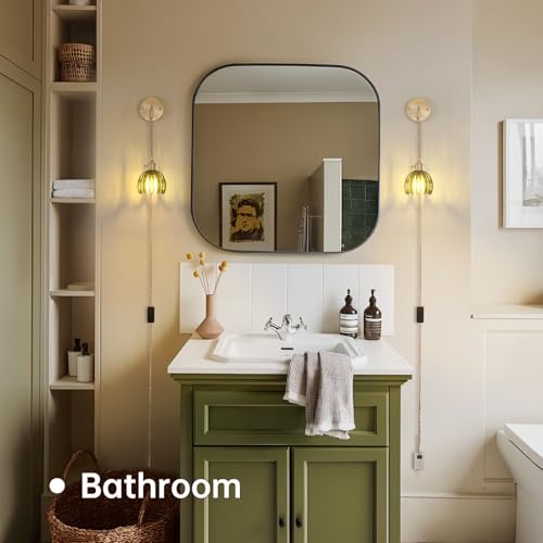 Image of Shenmoyl Vintage Wall Sconce Wall Lamp with Green Tulip Glass Shade Hanging Wall Sconce with 4.9FT Plug in Cord, Modern Wall Lamp Fixtures Decor for Bedside Bedroom Indoor Doorway