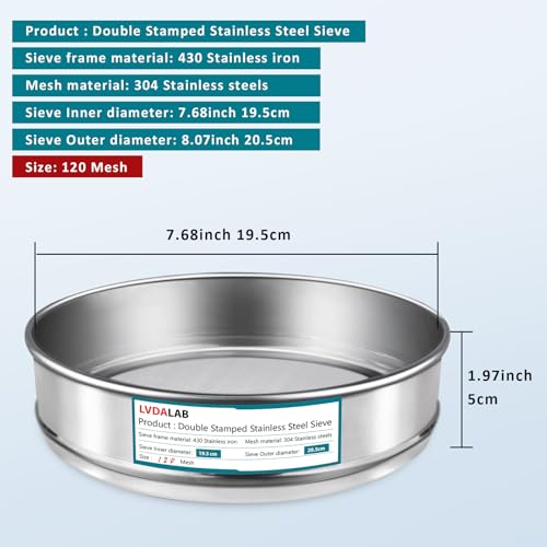 LVDALAB 304 Stainless Steel Mesh Lab Sieve, 120 Mesh (0.125mm) Aperture Test Sieve, 7.9Inch(20cm) Diameter Economy Standard Analysis Sample Test Sieves for Industrial Laboratory Homes