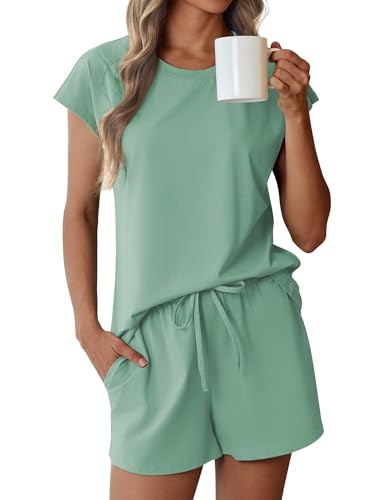 Image of Ekouaer Cotton Pajamas for Women Set 2 Piece Cap Sleeve Pjs Shorts Set Lounge Sets Sleepwear S-XXL