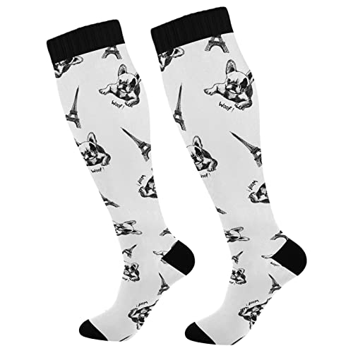 Image of Wusikd Eiffel Tower Compression Socks for Women and Men Circulation French Bulldog Long Socks for Athletic Running 1
