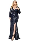 Ever-Pretty Women's Leg Slit Long Sleeve Plus Size Sequin Maxi Formal Dress Ball Gowns for Party Navy Blue US18