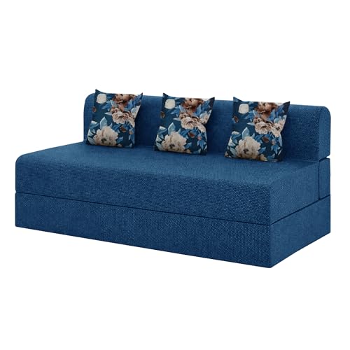 Image of Foldable Three Seater Sofa Bed 5 X 6 Ft Jute Fabric Washable Cover Sofa Cum Bed with Cushions Convertible Sofa Bed for Home (Blue Color - Pre-Assembled)