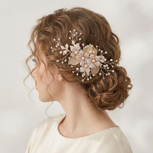 Pinza para cabello de novia hecha a mano con diseño floral dorado miniatura 2