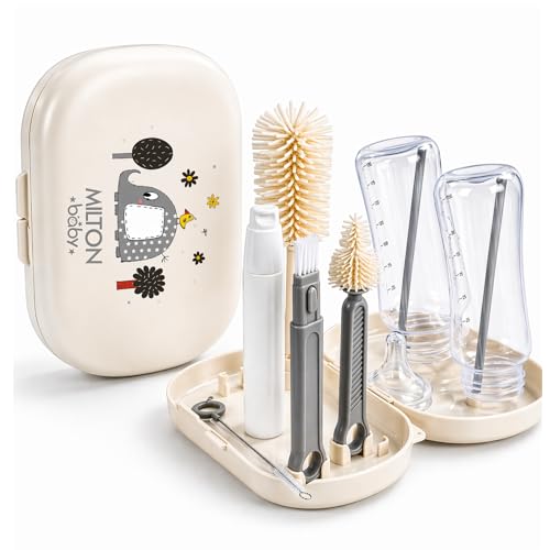 Image of Milton Baby 5-in-1 Travel Bottle Cleaner Kit I Bottle, Nipple & Straw Cleaner I BPA Free - Food Grade Silicone Brush,Compact Soap Dispenser,Drying Rack,Home And Travel Essential, Elephant Print, Cream