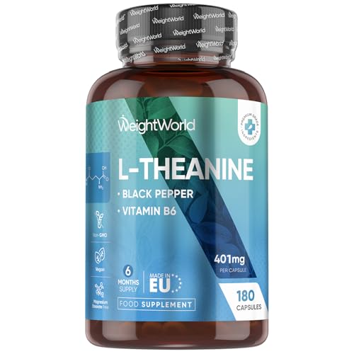 WeightWorld L-Theanine - Amino Acid with Vitamin B6 & Black Pepper - Supports Normal Nervous System & Psychological Function - for Men & Women - Vegan & Gluten-Free - 401mg per Serving - 180 Capsules