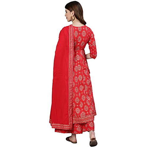 Image of ishin Women's Pure Cotton Red Embroidered Gotta Patti Anarkali Kurta set With Trouser and Dupatta