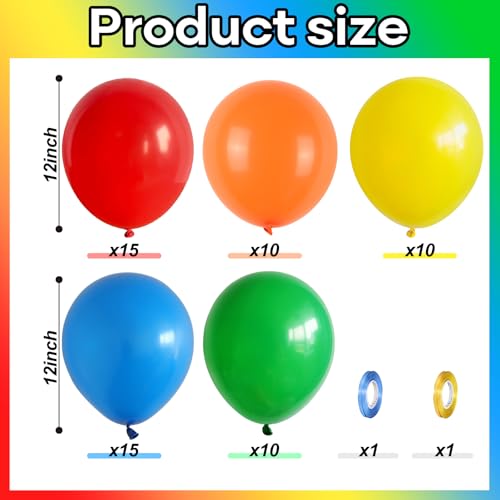 Image of Red Yellow Blue Green Balloons, 60PCS Red Orange Blue Balloons, Rainbow Cartoon Theme Primary Color Latex Balloon for Kids Birthday Baby Shower Festival Carnival Circus Party Decorations Supplies