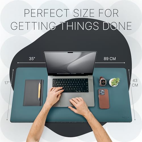 Image of Nordik Felt and Leather Desk Mat - Dual Layer Deep Green 35 x 17 in | Dual-Layered Mat Leather Desk Pad with Document Organizer - Full Desktop Mat - Large Non-slip and Waterproof Desk Blotter