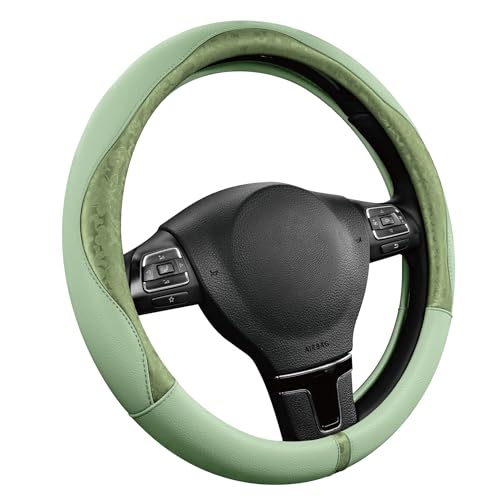 PIC AUTO Steering Wheel Cover Green Patterned Leather Patchwork Design Universal Fit 14.515.5 Anti-Slip Odor-Free Soft PU Grain Leather Durable Grip Car Accessory for Girls & Women