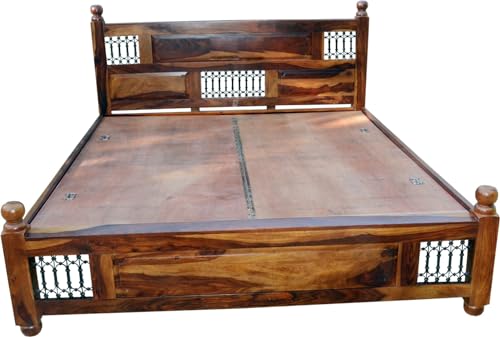Image of Solid Sheesham Wood King Size Bed Without Storage | Wooden Double Bed Frame for Guest Room Modern Handcrafted & with Headboard |Honey Walnut Finish