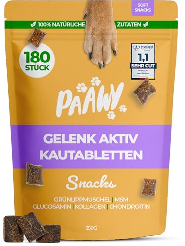 Gelenktabletten für Hunde von Paawy - Test SEHR GUT deutsche Marke - als Snacks mit Grünlippmuschel, MSM, Glucosamin, Chondroitin - sehr hohe Akzeptanz, natürlich, laborgeprüft - 180 Stück