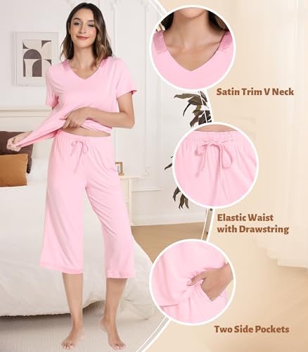Image of NACHILA Bamboo Viscose Women's Pajamas Set Short Sleeve Pjs and Capri Pants | Soft like cloud,Breathable,Moisture wicking,Tagless