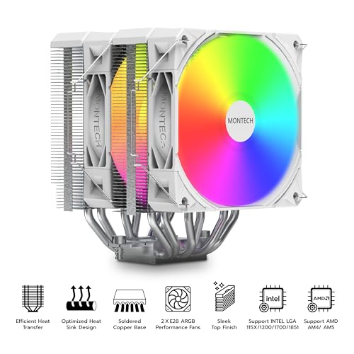 Image of MONTECH NX600 ARGB Dual-Tower CPU Air Cooler with 6 Heatpipes & Premium Top Cover | 28mm E28 ARGB Premium Fan | Soldered Copper Base | Superior Heat Dissipation | All Intel & AMD Socket Support |White