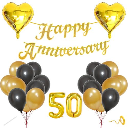Image of Flyloons 50th Happy Anniversary Decoration Items Gold Black for Men Women Husband Wife Mom Dad Couple Bedroom Car With 20 Pcs Metallic Balloons Anniversary Banner 2 Pcs Heart Set Kit Golden Jubilee