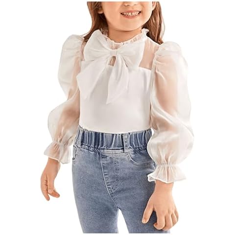 WDIRARA Toddler Girl's Mesh Sheer Long Sleeve Bowknot Mock Neck Frill Trim Blouse Top White 6Y Cover