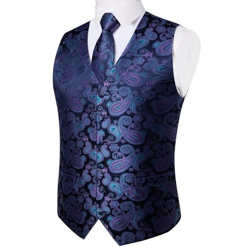 Image of DiBanGu Mens Vest and Tie Set Formal Paisley Waistcoat and Necktie Pocket Square Cufflinks Silk Suit Vest for Tuxedo Wedding