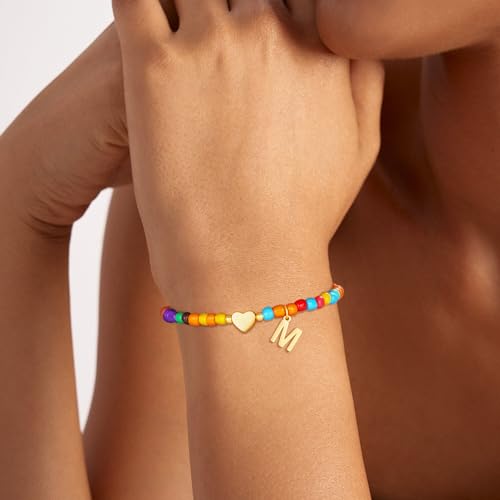 Image of Eaciy Colorful Initial Bracelets for Women Girls - Trendy Beaded Heart Initial Bracelet Teen Girl Gifts Trendy Stuff Bohemian Gold Letter Bracelet Personalized Gifts for Women Girls Jewelry