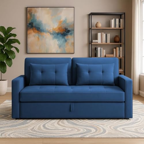 Image of Emilio 2-Seater Sofa Cum Bed for Living Room, Office & Home | Premium Fabric Pull-Out Sofa Set with 1 Year Warranty | Space Saving Convertible Sleeper Sofa for Guests & Daily Use | Blue