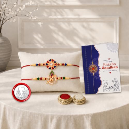 Image of Oblivion Flower and Murli Design Brass Rakhi Set of 2 for Brother with Silver Colour Pooja Coin, Roli Chawal and Greeting Card for Raksha Bandhan