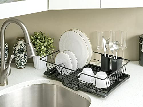 JOEY'Z Extra Large Black 3 Piece Dish Rack Sink Set with Removable Drainboard & Utensil Holder - Heavy Duty Coated Wire - 19" x 12" x 5"