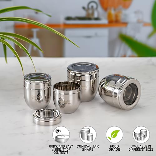Image of Sumeet Stainless Steel Conical Shape Canisters /Dabba /Storage Containers for Kitchen with See Through Lid, Set of 4 Pcs, (250ml-7cm Dia-2Pc & 400ml-8.5cm Dia-2Pc), Silver